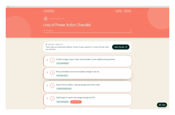 Loss of Power action checklist — numbered steps with role tags and click-to-dial phone numbers.