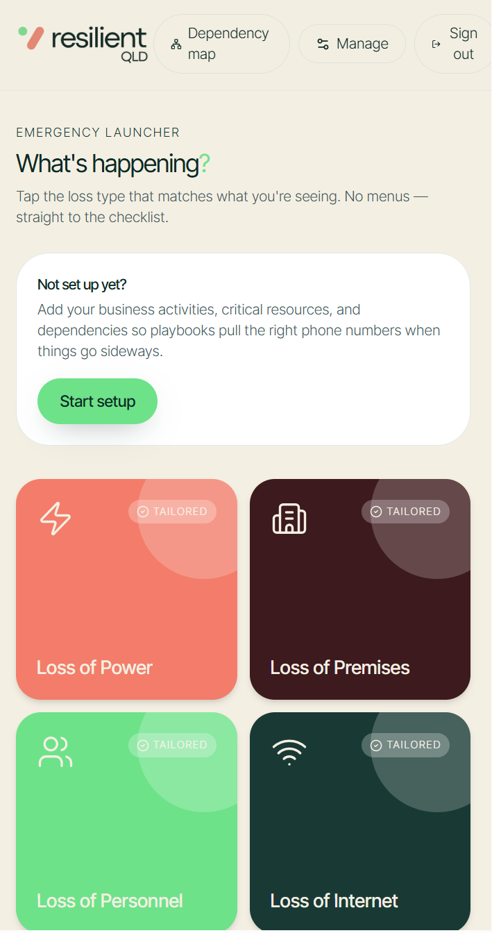ResilientQLD mobile emergency launcher — six loss-type tiles, one tap to the right playbook.