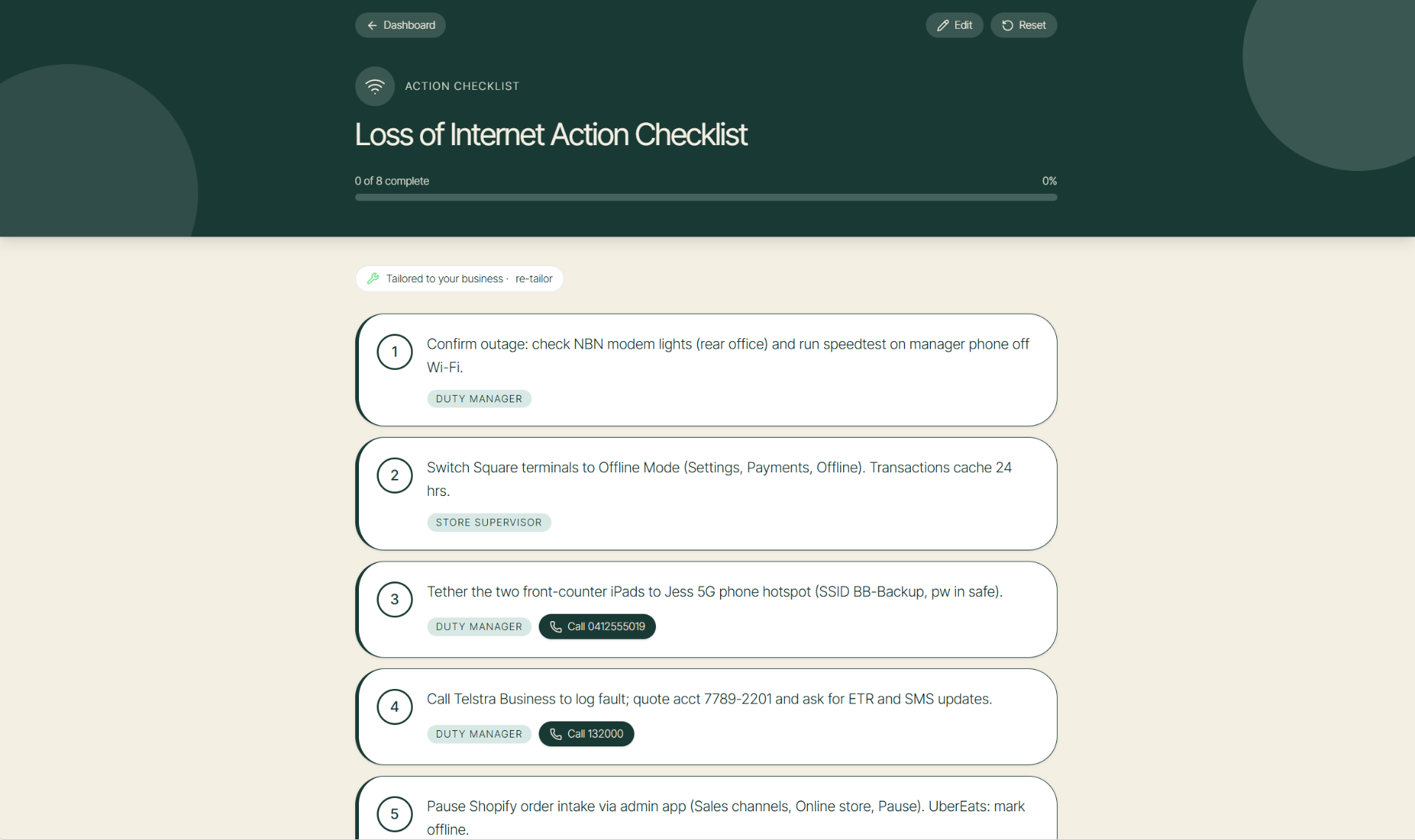 Loss of Internet action checklist — numbered steps with role tags and click-to-dial phone numbers.